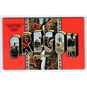 Vintage Large Letter Greetings from Oregon Linen Postcard with Scenic Landmarks